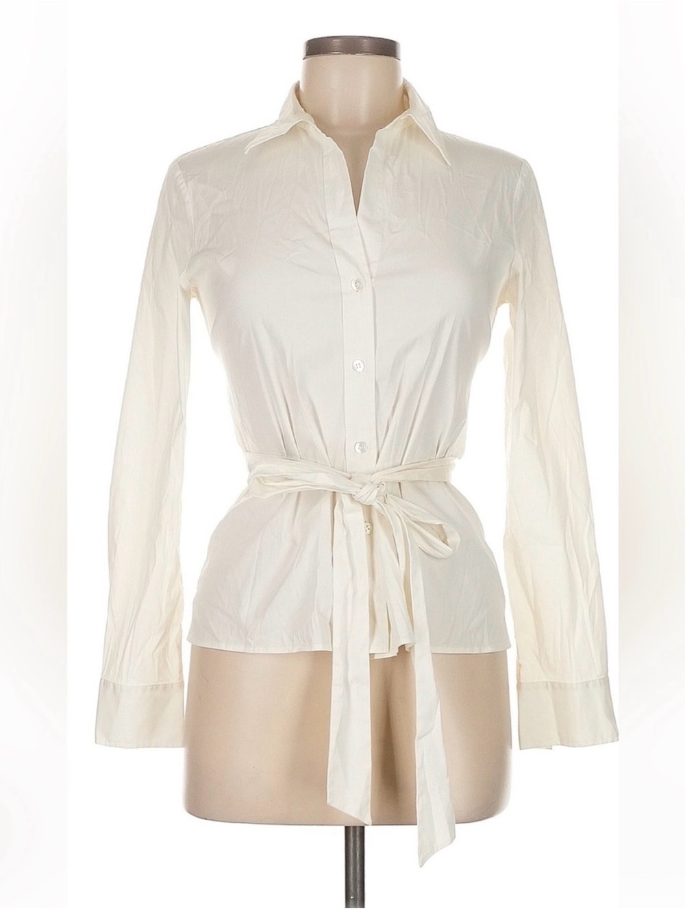 Theory Ivory Cotton Blend Tie Waist Button Down Shirt Size M